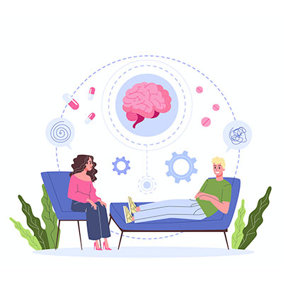 Illustration showing a psychiatrist and their patient discussing stories