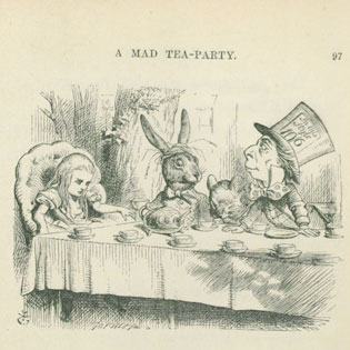 An illustration of the Mad Hatter's Tea Party from Alice in Wonderland