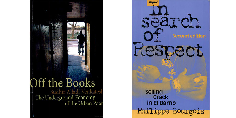 Book covers for 'Off the Books' and 'In search of Respect'