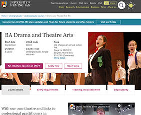 Screenshot of the BA Drama and Theatre Arts undergraduate degree coursefinder entry