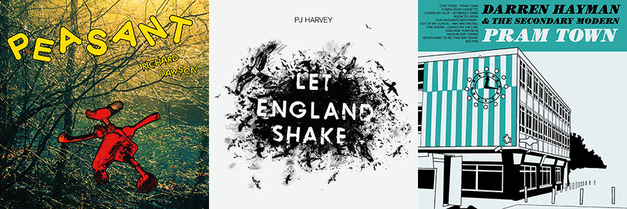 Album covers for Richard Dawson's 'Peasant', PJ Harvey's 'Let England Shake' and Darren Hayman's 'Pram Town'