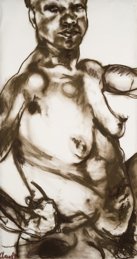 Charcoal drawing of a nude woman of colour sitting upright, contraposto
