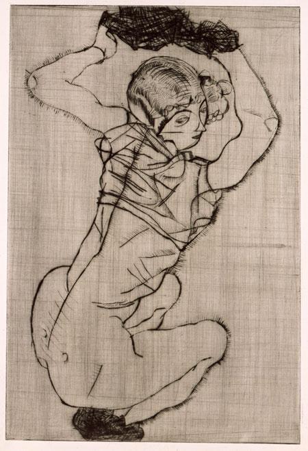 Etching of a young woman undressed from the waist down, crouching