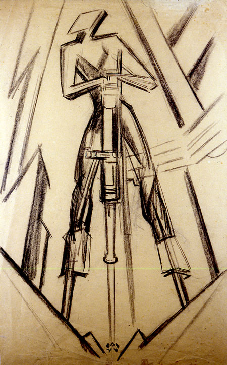 Line drawing of angular robotic figure with a drill