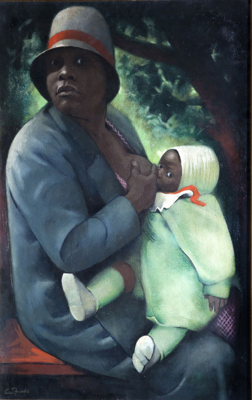 Naturalistic painting of a woman of colour breastfeeding a baby