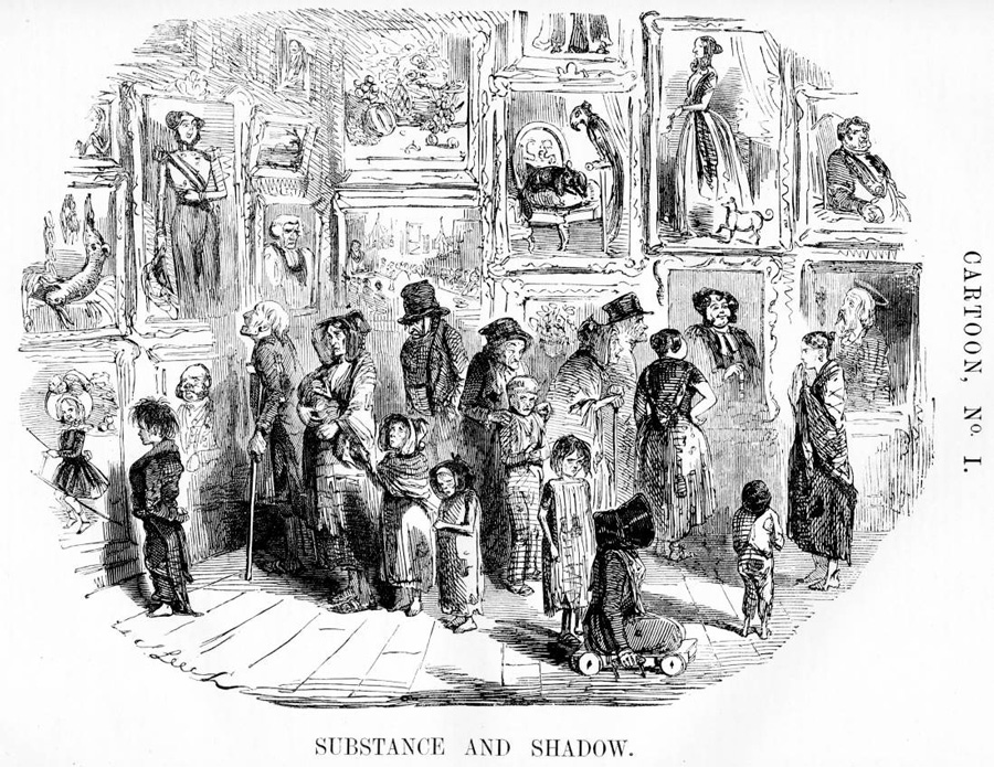 Monochrome cartoon of Victorians looking at paintings in a gallery