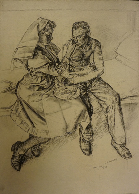 Drawing of a nurse in World War 2 uniform sitting on a bed and feeding a disabled male soldier