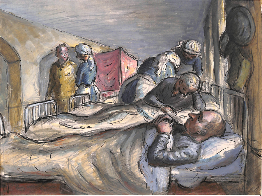Drawing of a hospital ward with patients sleeping