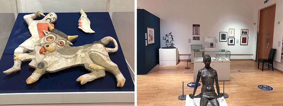 Two images side by side - image 1 - Alma Ramsey-Hosking, Maquette for Sir Guy and the Dun Cow, 1952, Herbert Art Gallery & Museum, courtesy of Hosking Houses Trust. Image 2 -Install Shot of Modern Mercia featuring George Wagstaffe’s Naiad, 1957-1958