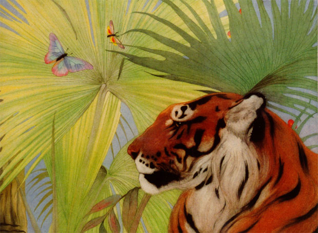E. J. Detmold, The Jungle King (c.1924-5), etching and coloured aquatint. The Potteries Museum & Art Gallery. Photo Credit: The Potteries Museum & Art Gallery