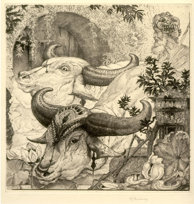E. J. Detmold, At the Edge of the Lotus Pool (1923), etching and dry point on vellum, The Potteries Museum & Art Gallery. Photo Credit: The Potteries Museum & Art Gallery