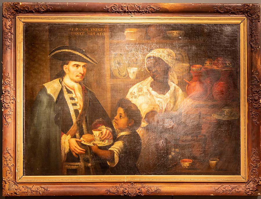 Mexican School, De español y negra se produce un mulato (From Spanish and Black mulatto is produced) (c.1700-1800), oil on canvas, 104 x 145 cm ©Leicester Museum and Art Gallery/Opal 22 Arts and Edutainment.