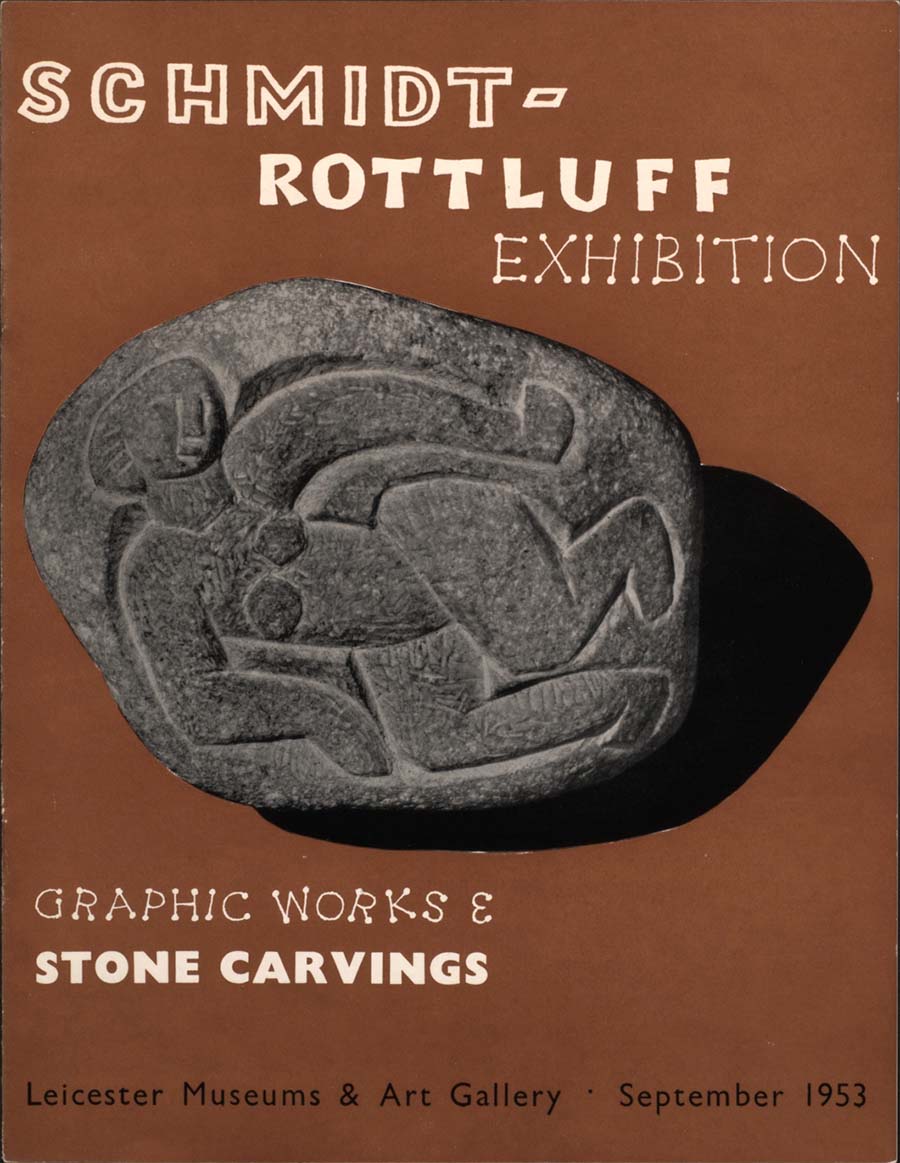 An exhibition poster for Schmidt-Rottluff exhibition at Leicester Museums & Art Gallery in 1953. It depicts a stone carving of a female nude figure, set onto a brown background.