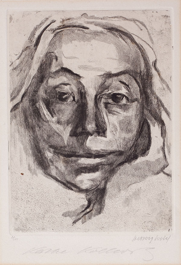 Black and white etching portrait of Kollwitz, which is cropped closely around her face. We see strands of her hair and her head appears to rest in her hand. She looks out at the viewer. She does not smile.