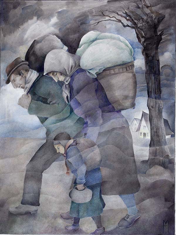 A watercolour in blue, grey and brown hues, depicting three figures – a father, mother and their small daughter, fully weighed-down by luggage they carry on their backs. They appear to move forwards – left off the side of the artwork. They sky is depicted