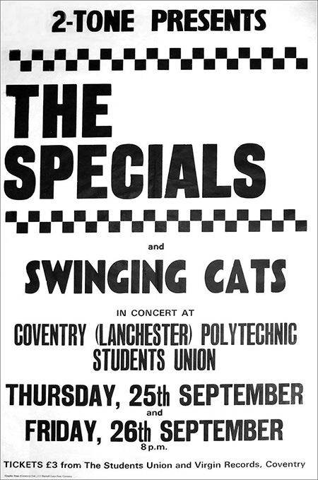 A retro black and white poster with a checkerboard – print logo, advertising performances of ‘The Specials’ in Coventry.