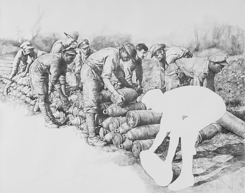 A black and white drawing of soldiers at work, lifting barrels. The soldier at the front has been erased, only a white silhouette is left.