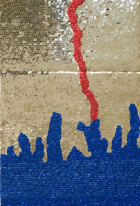 A detail of the sequins showing part of the blue waves of the sea into which the long red line of sequins flows.