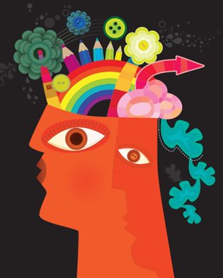 a stylised drawing of a human head with plants and pens and rainbows coming out of it