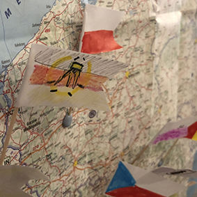 Close up of flags stuck to a map