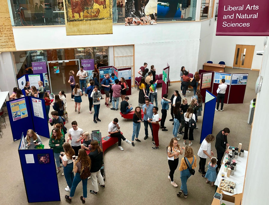Poster display at the 2019 LANS Research festival in the atrium of the ERI Building