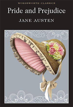 Pride and Prejudice book cover with illustration of a flowery bonnet