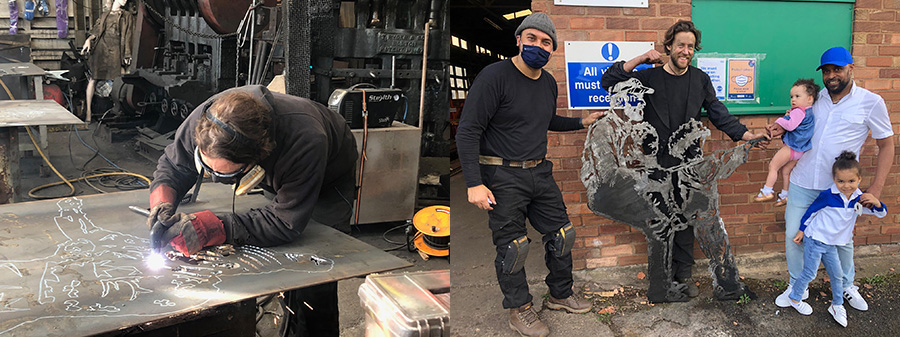 Left: Luke Perry cutting a steel silhouette, R: Luke and Raaj show the finished silhouette to the subjects