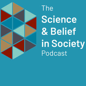 a blue background and an abstract logo of different coloured triangles with the words - The Science and Belief in Society Podcast