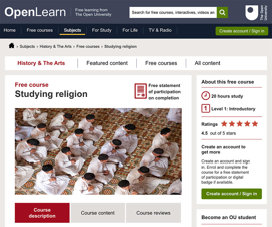 Screenshot from the Open Learn website showing the Studying Religion course homepage
