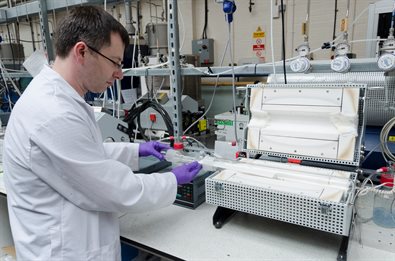 Male scientist working in the Birmingham Centre for Fuel Cell and Hydrogen Research
