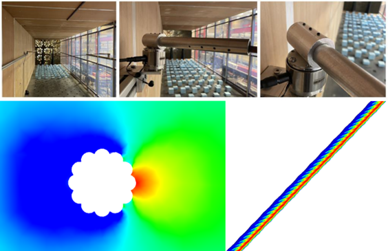 Montage of the catenary wire mounted in the UoB atmospheric wind tunnel
