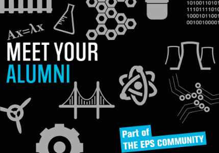 promotional banner for the meet the alumni event series on a black background with science and engineering graphics in grey and blue title branding