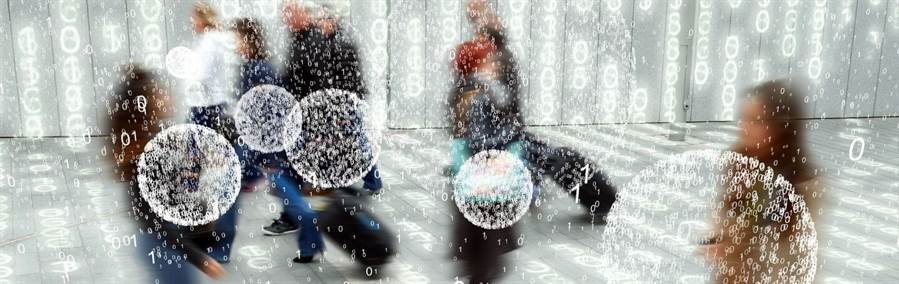 People walking in a computer binary code background