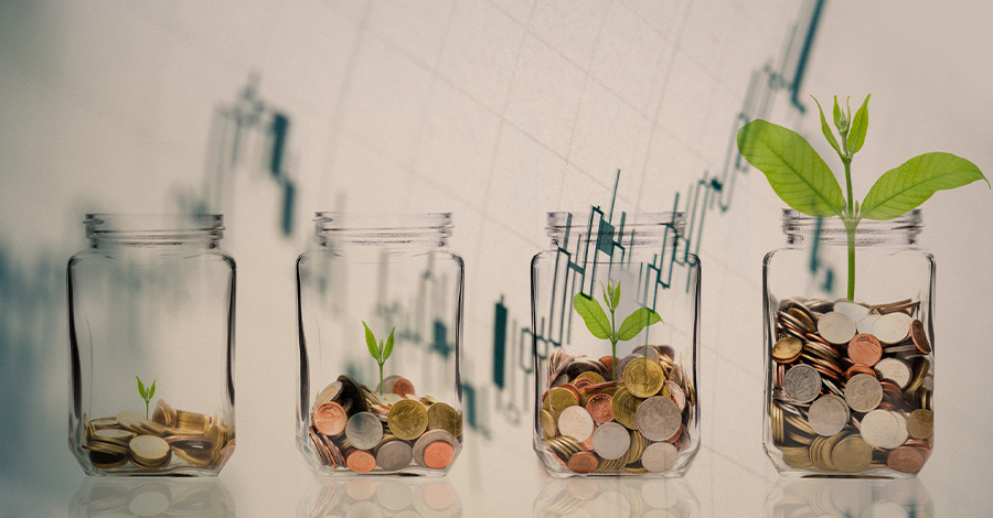 row of jars containing coins with a plant shoot on top