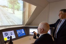 Shadow Secretary of State for Transport Andy McDonald MP tries out the train driving simulator at BCRRE
