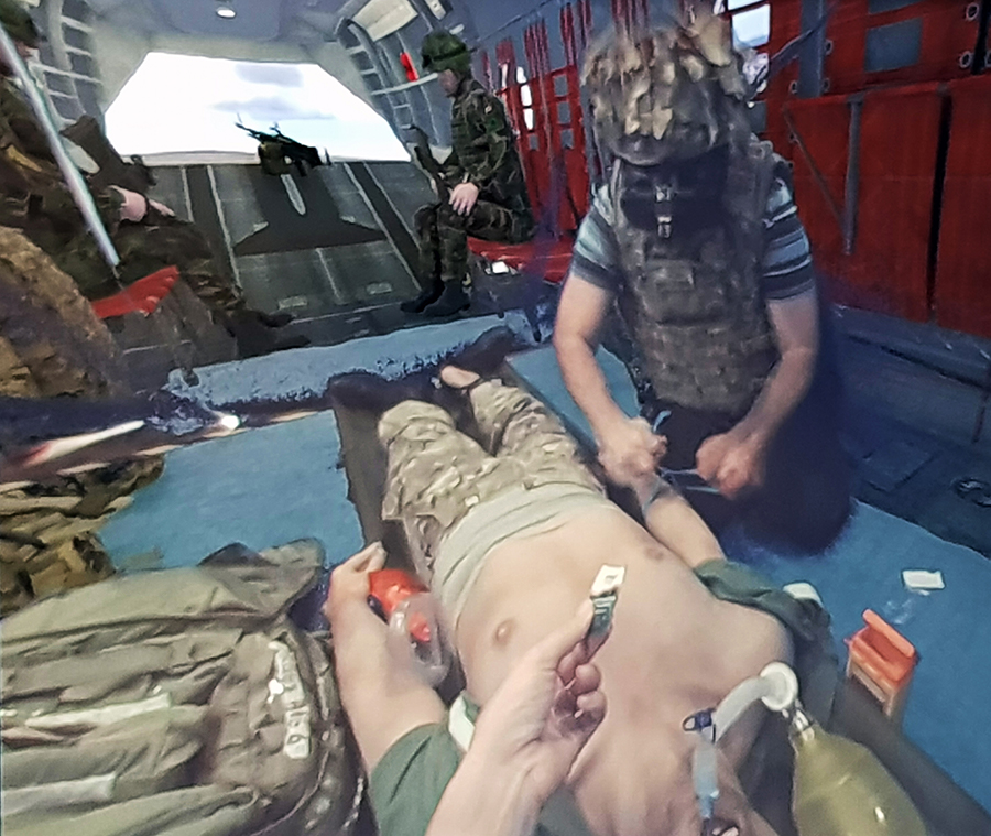Member of Tactical Medical Wing of RAF Brize Norton testing out the Mixed Reality Medical Emergency Response Team training concept developed by the HIT Team at Birmingham