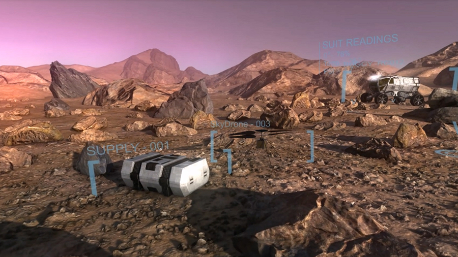 VR demo Heads up display view (HUD) of a Mars-like planet