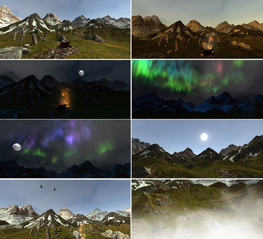 Collage of scenes of nature from University of Birmingham VR-based relaxation exercise