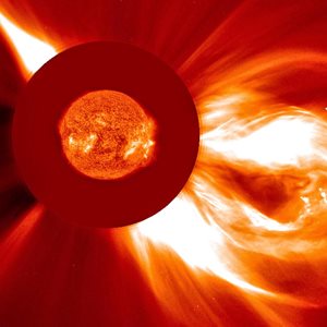 a coronal mass ejection (CME) as seen by the Solar and Heliospheric Observatory (SOHO) satellite mission
