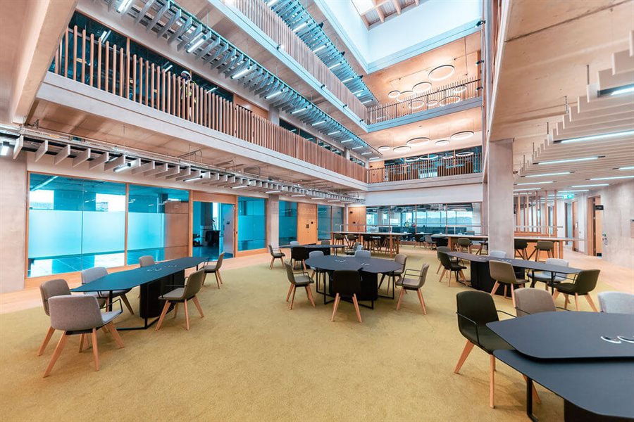 Room of study tables in the new School of Engineering building