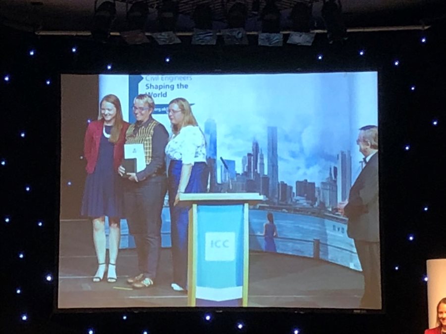 Professor Nicole Metje on stage receiving an award at the ICE West Midlands Awards 2018