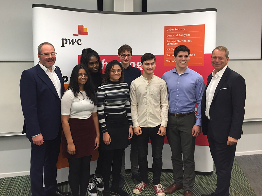 PwC Chairman, Kevin Ellis (right) and Midlands Region Chairman for PwC, Matthew Hammond (left), with the first intake of xomputer science degree apprentices at the University of Birmingham
