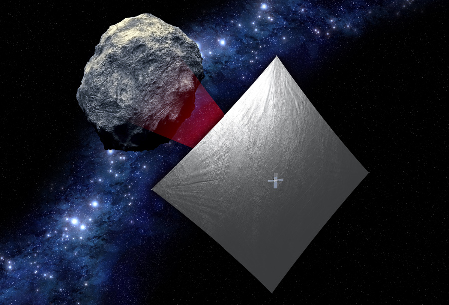 The concept image above shows the NEA Scout CubeSat with its solar sail deployed as it characterizes a near-Earth asteroid