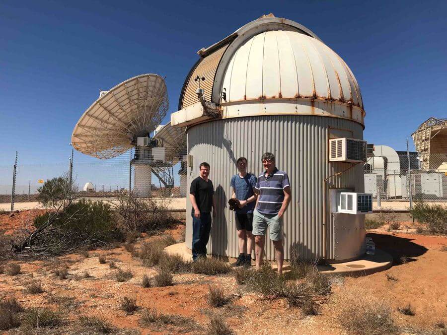 Dr Steven Hale (left), postgraduate student Eddie Ross and technician Les Bateman at the BiSON station in Carnarvon, Western Australia