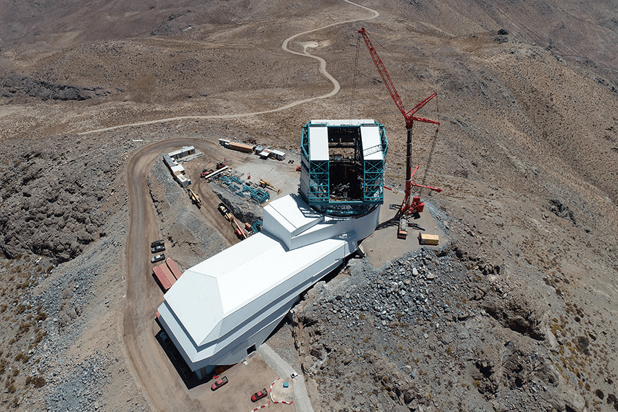 Aerial photo of the Rubin Observatory being constructed