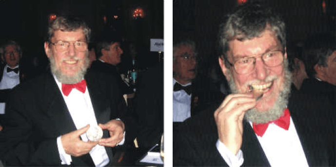 Two photos side-by-side of Ted Forgan with Mott Prize 2003 medal
