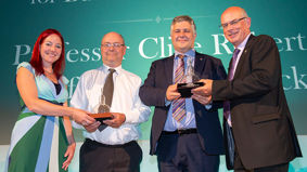 Professors Anson Jack and Clive Roberts (centre) receive awards at the Founders' Awards 2018