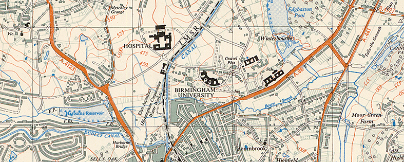 1947 Ordnance Survey map showing the university at the centre