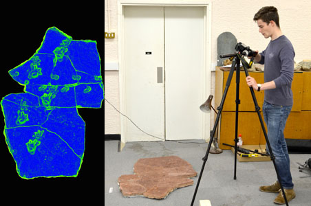 Luke taking photographs used to make a virtual model of the footprint surface (right), and virtual visualisation (left)