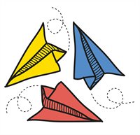 Three paper planes in a circle in primary colours